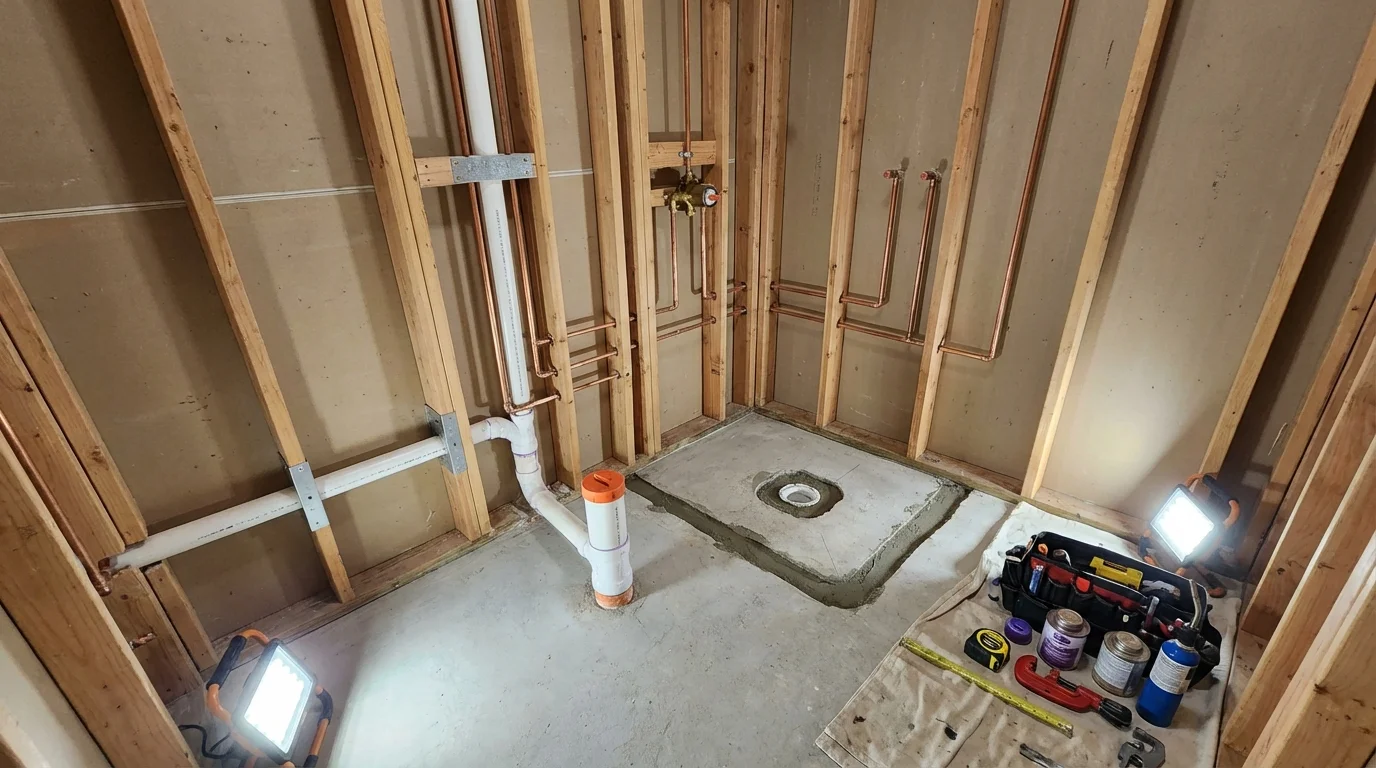 Bathroom rough-in plumbing during remodel by Johns Plumbing LLC in De Kalb