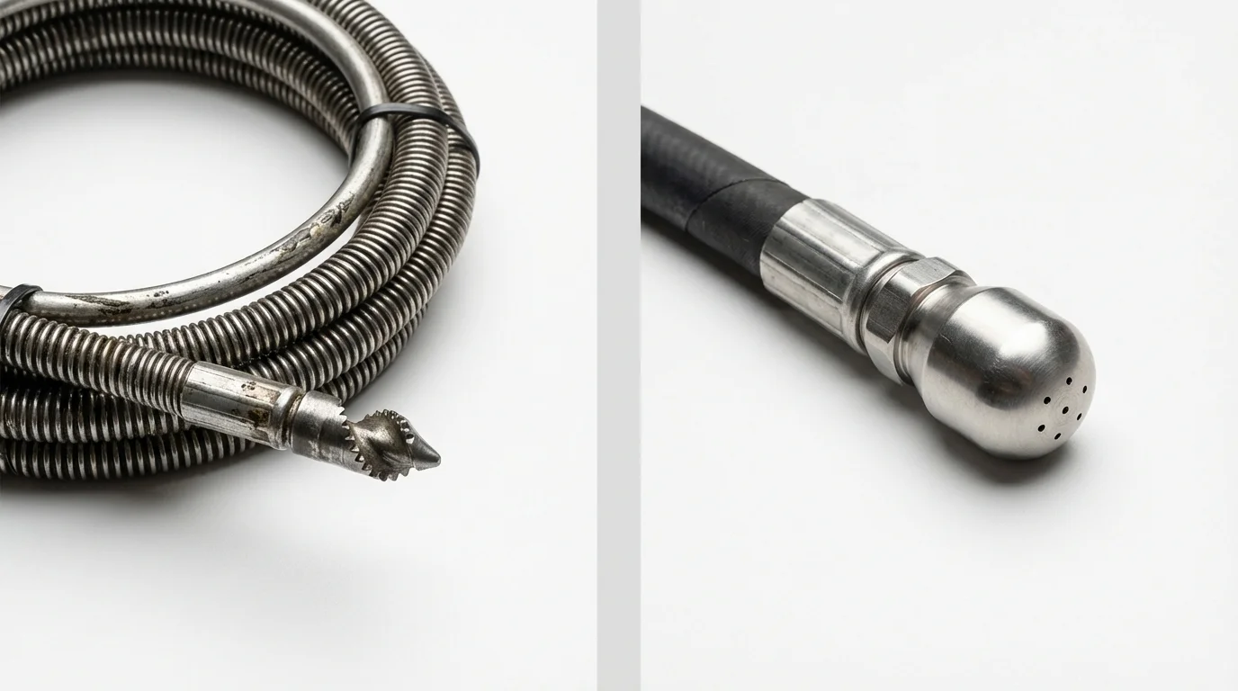 Drain snake cable and hydro jetting nozzle used for drain cleaning in De Kalb, MS