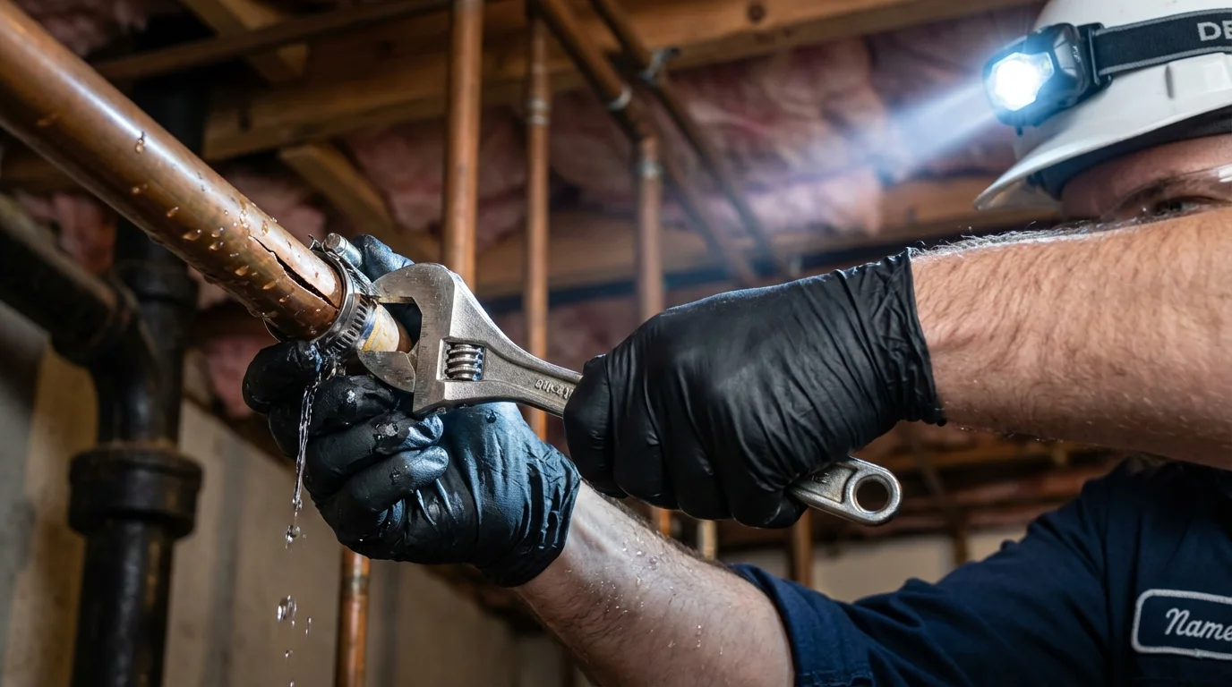 Emergency pipe clamp repair being performed by a Johns Plumbing LLC plumber in De Kalb