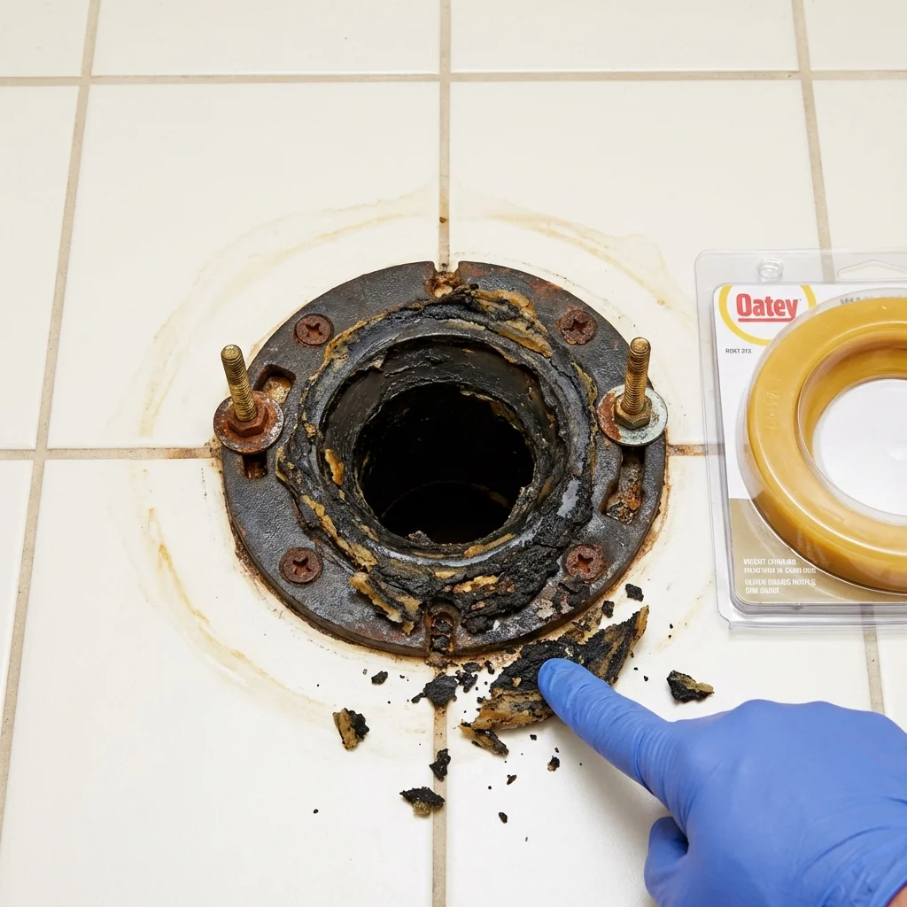 Failed wax ring showing water seepage at the base of a toilet in a De Kalb, MS home
