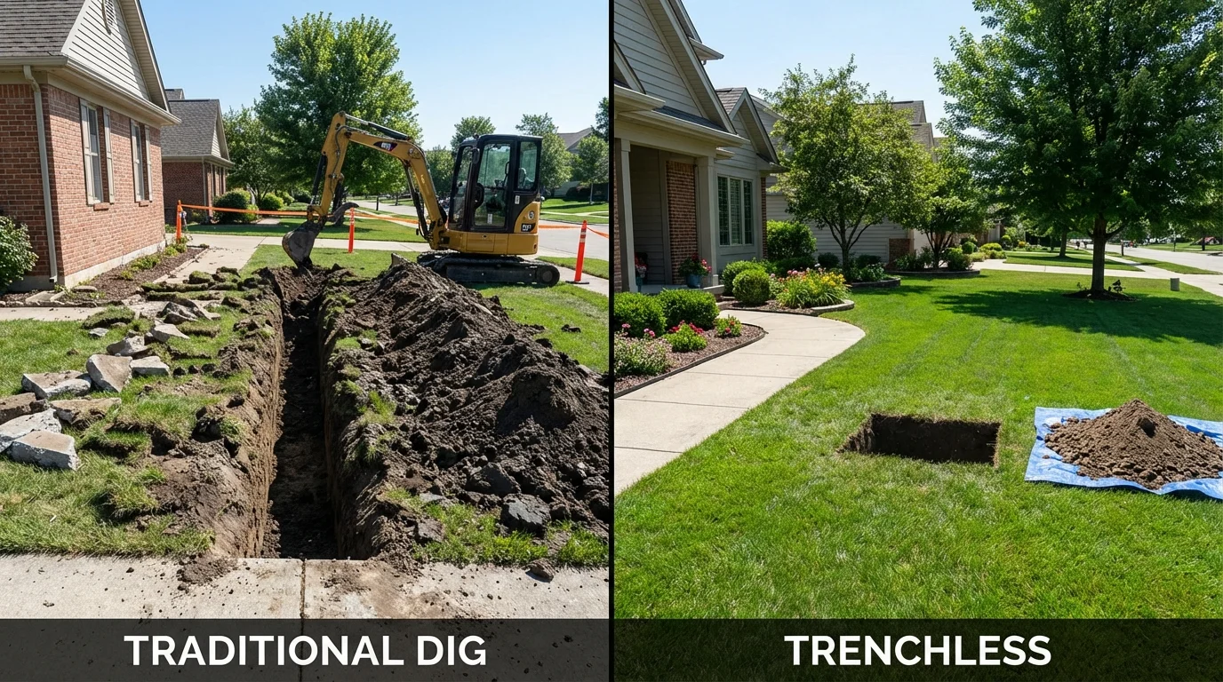 Trenchless sewer repair with minimal yard damage versus traditional excavation in De Kalb, MS