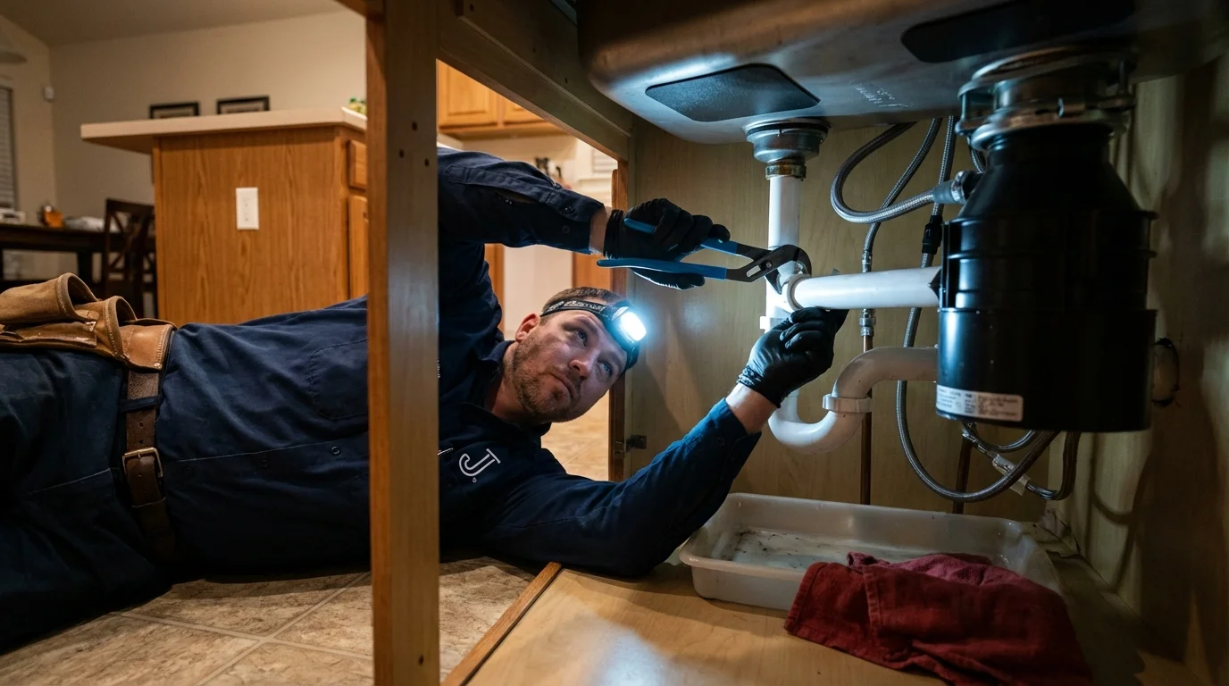 P-trap and supply line connections under a kitchen sink showing a common leak point in De Kalb, MS